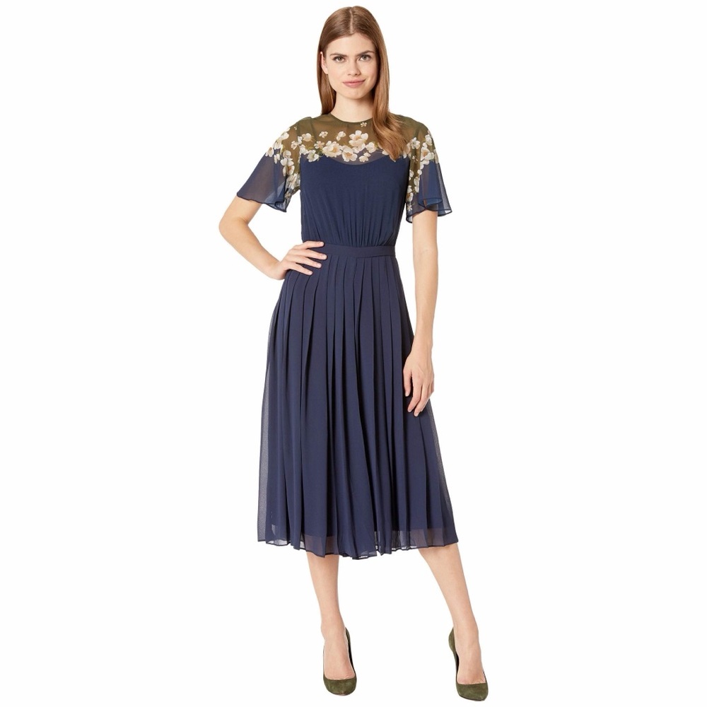 Ted Baker Navy lemuno pearl Midi  jumpsuit pant Dress with Olive Floral Yoke